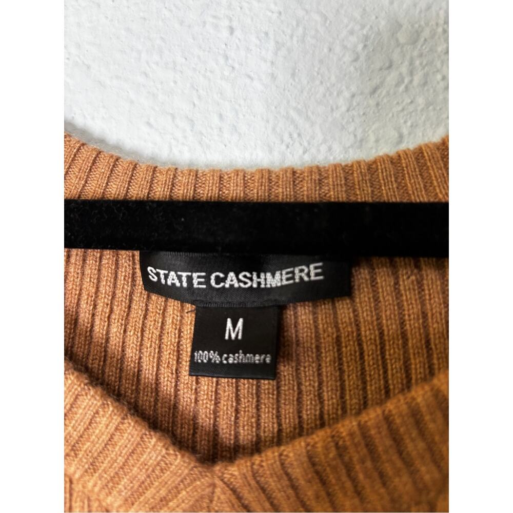 State Cashmere Ribbed Knit Fitted V-neck Cashmere Sweater Camel Brown M - Picture 4 of 4